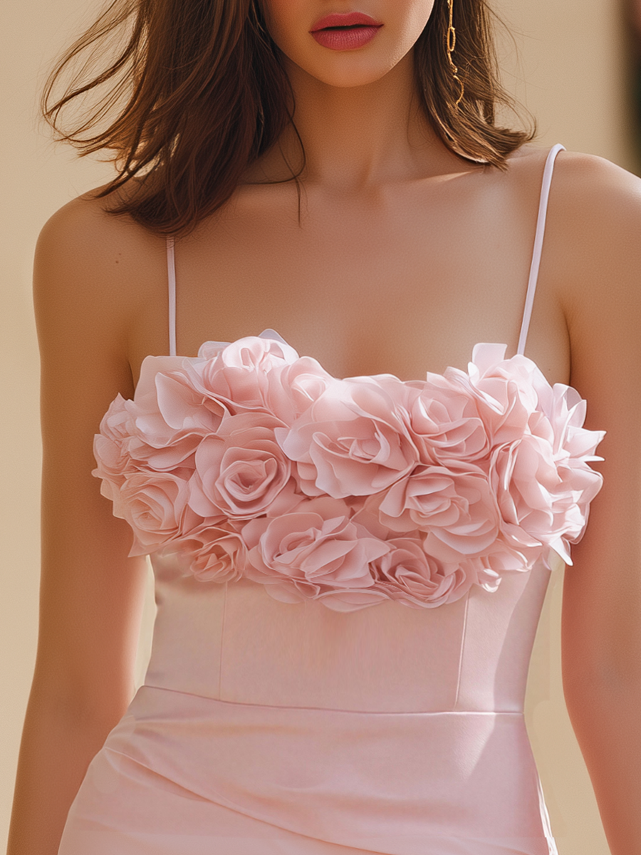 Romantic 3D Floral Sleeveless Pink Cocktail Mini Dress