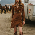 Women's Retro Western Style Corduroy Vertical Stripe Fabric V-Neck Lapel Dress