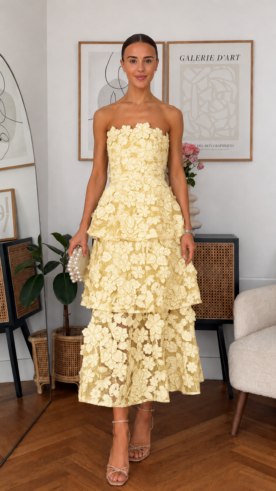 Strapless Tiered Floral Lace Maxi Dress - Sweetheart Neckline Formal Gown