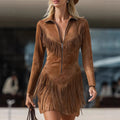 Suede Fringe Mini Dress With Zipper Front And Long Sleeves