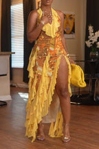 Women's Fashion Vacation Ruffle Decoration Print Maxi Dress