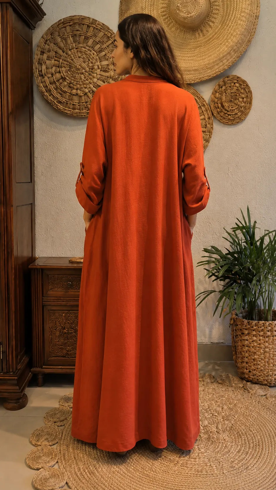 Boho Linen Blend Maxi Dress - Oversized Flowy Kaftan Style with Pockets & Button Detail