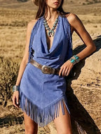 Faux Suede Fringe Dress With Halter Neckline And Deep V-Cut For Women