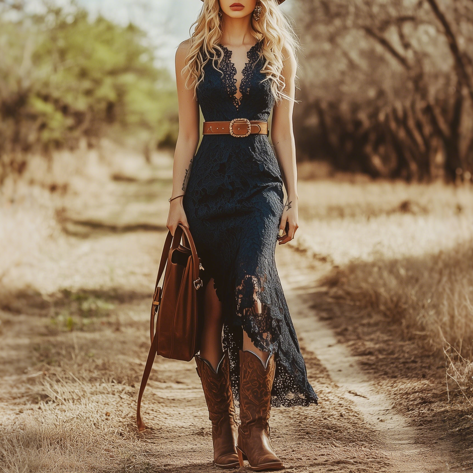 Country Western Vintage Bohemian Blue Lace Sleeveless Midi Dress