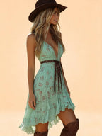 Western-Style Mini Dress — Mint Light Green Heavily Pleated Chiffon Deep V-Neck Floral Print Mini Dress With Belt, Shorter In The Front And Longer In The Back.