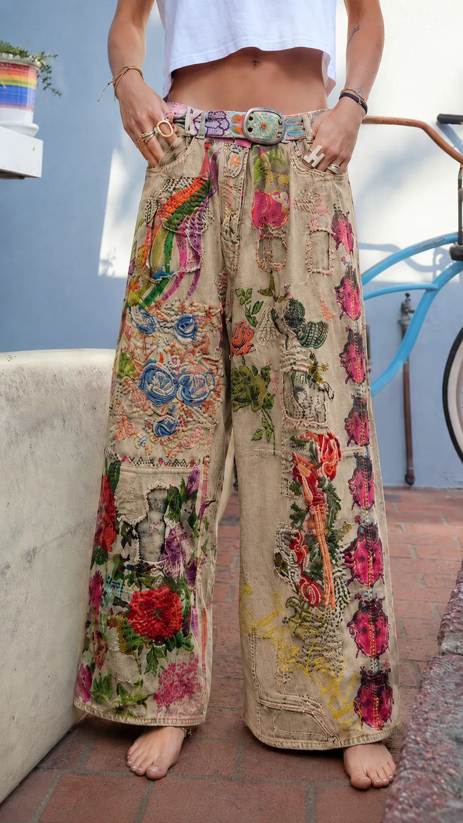 Bohemian Patchwork Floral Embroidered Wide Leg Jeans - Vintage Baggy Denim Pants