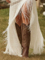 Women's Western Bohemian Style Vintage White Lace V-Neck Long-Sleeved Dress With Tassels And A High-Low Hem