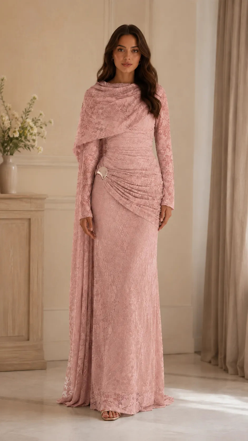 Lace Draped Cape Sleeve Maxi Evening Dress