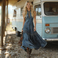 Spring Concert Outfit Vintage Western Tie-neck Sleeveless Bubble Hem Blue Denim Maxi Dress