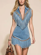 Suede Fringe Mini Dress With Deep V-Neck And Embroidered Details