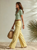 Resort-style Collared Short-sleeve Knit Top And Trousers Set