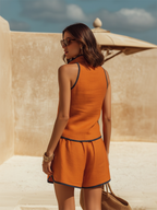 Chic Old Money Color-Blocked Trim Sleeveless Vest And Shorts Orange Cotton-Linen Set