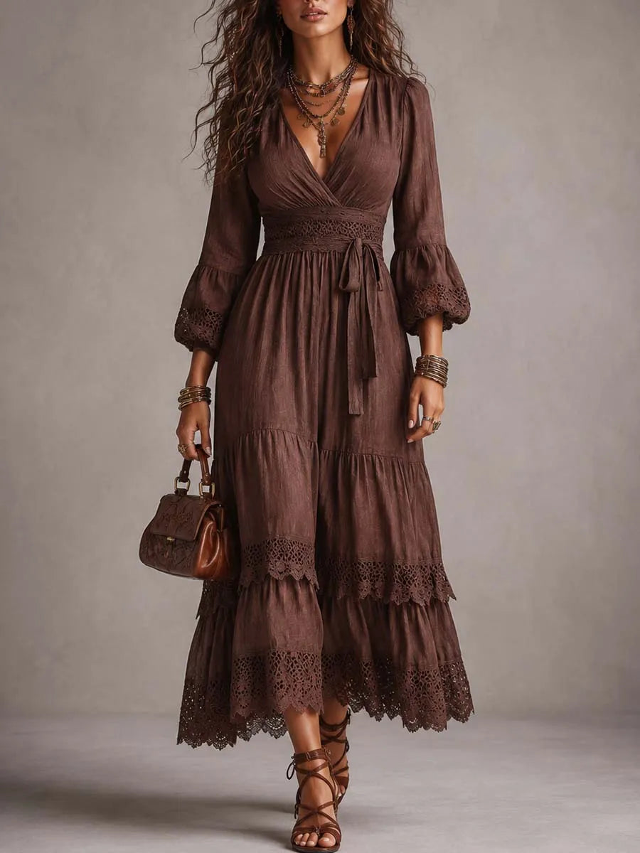 Vintage Puff-sleeve Lace Trim Cotton-linen Midi Dress