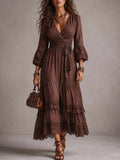 Vintage Puff-sleeve Lace Trim Cotton-linen Midi Dress