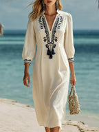 Resort-style Ethnic-style Blue Embroidered Off-white Cotton And Linen Midi Dress