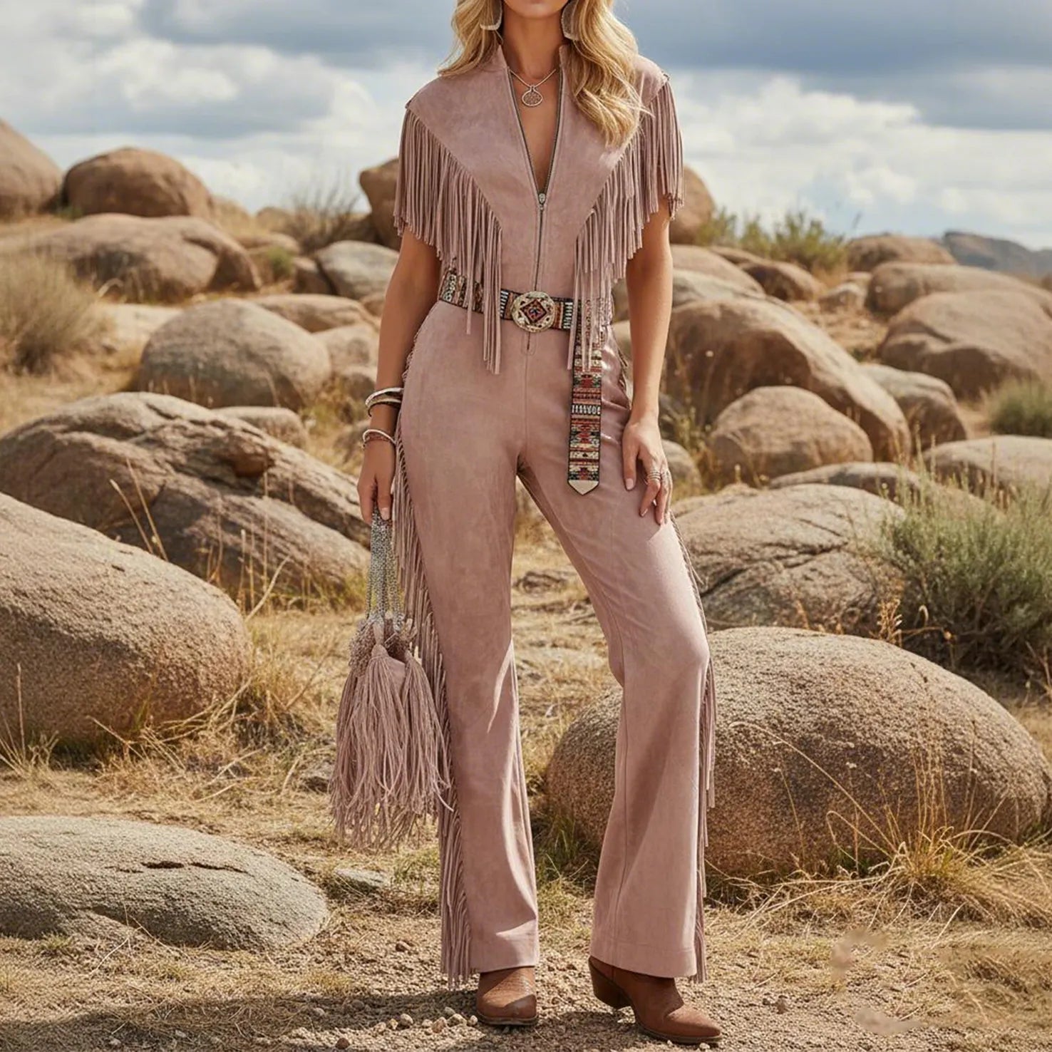 Spring Outfits Women's Vintage Bohemian Fringe Jumpsuit In Desert Landscape