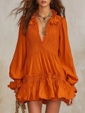 Elegant Retro Vacation V-neck Long-sleeved Ruffle Mini Dress