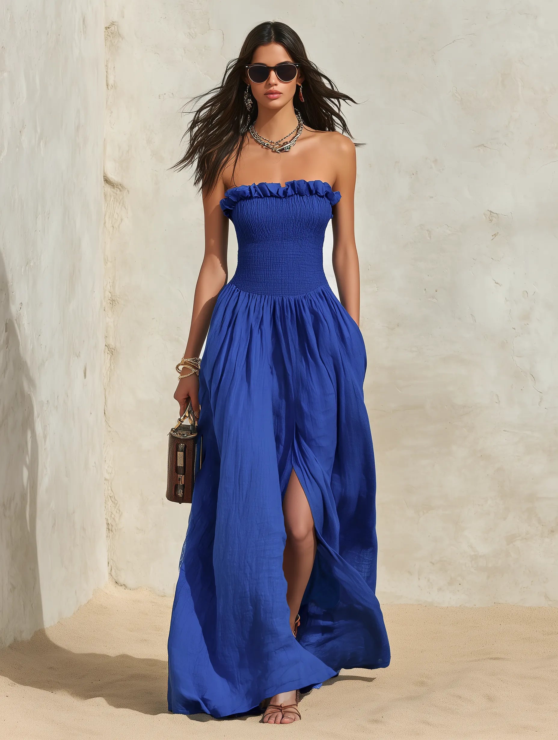 Vacation-style Strapless Slit Solid Color Maxi Dress