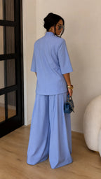 Minimalist Cross-Front Blazer Set - Oversized Linen Blend Jacket & High-Waisted Wide Leg Pants Co-ord