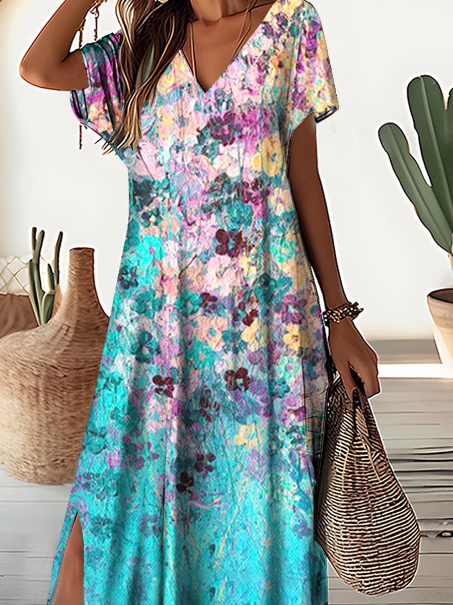 Damen Resort-Kleid mit V-Ausschnitt und Blumenmuster