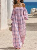 Resort-style Off-the-shoulder Plaid Print Long-sleeved Maxi Dress