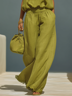 Elegant Vacation Lace-trimmed Halter Top And Wide-leg Pants Set