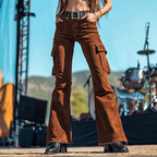 Women's Brown Corduroy Flare Pants With High Waist And Cargo Pockets