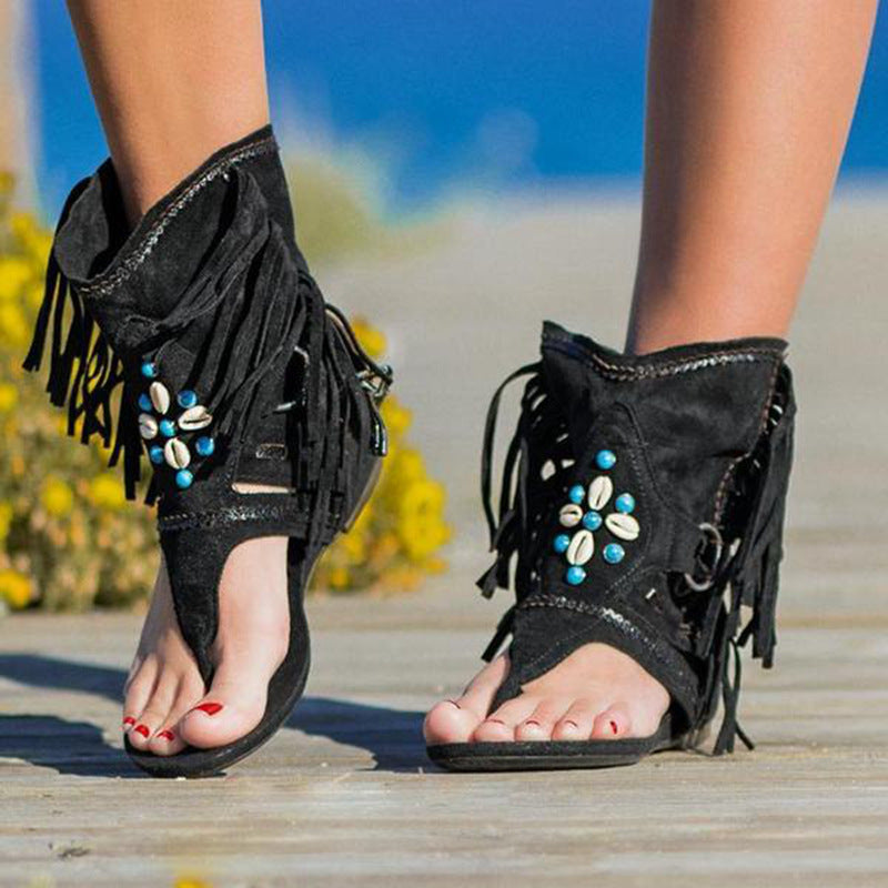 Women's Retro Western Cowgirl Outfit Tassel Flat-soled Thong Fringes Sandals