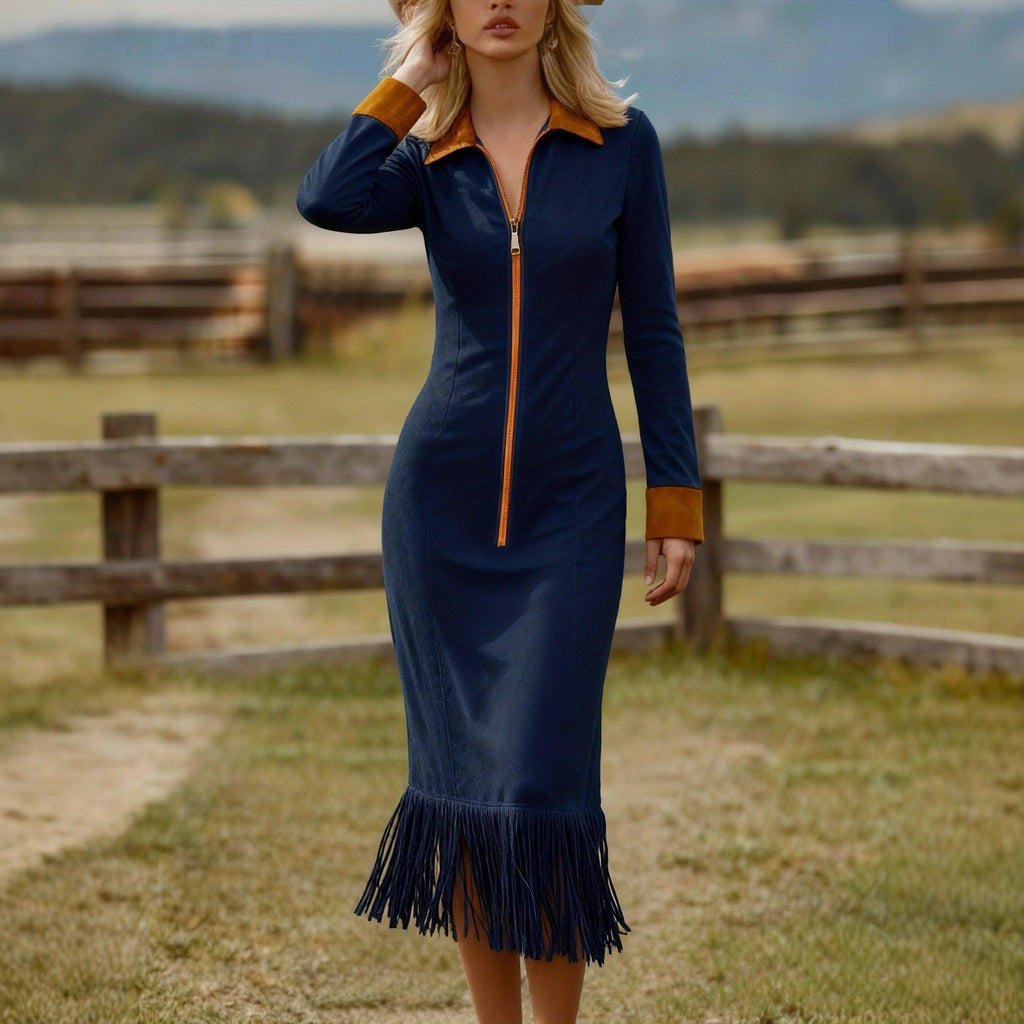 Denim Zip-Front Fringe Midi Dress With Faux Suede Collar And Cuffs