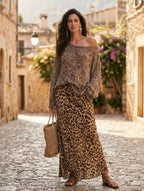 Effortless Chic Open-Knit Off-Shoulder Sweater & Leopard-Satin Brown Two-Piece Set
