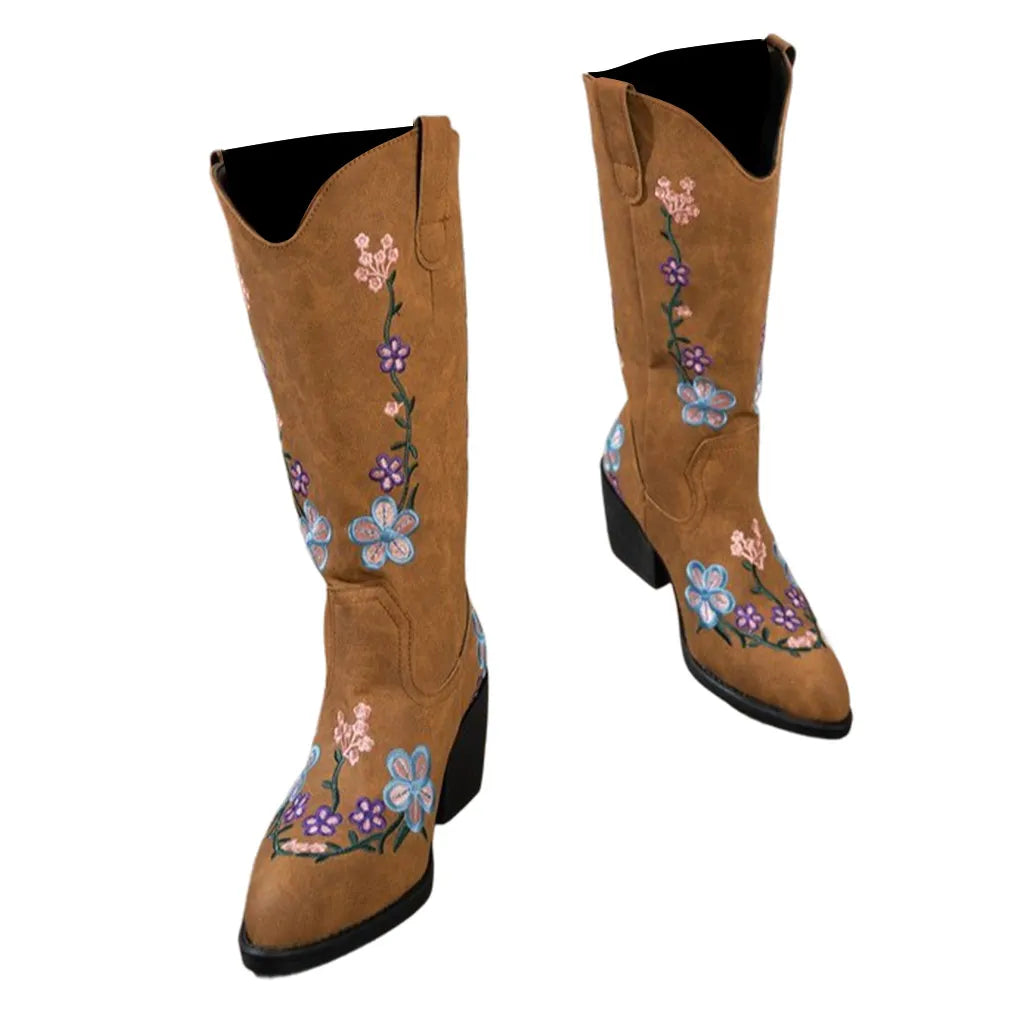 Women's Western Cowgirl Leather Floral Embroidered Mid-calf Solid Color Thick Heel Knight Boots