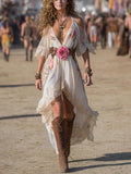 Lace Embroidered Cotton Bohemian Maxi Dress With Floral Print And Deep V-Neck