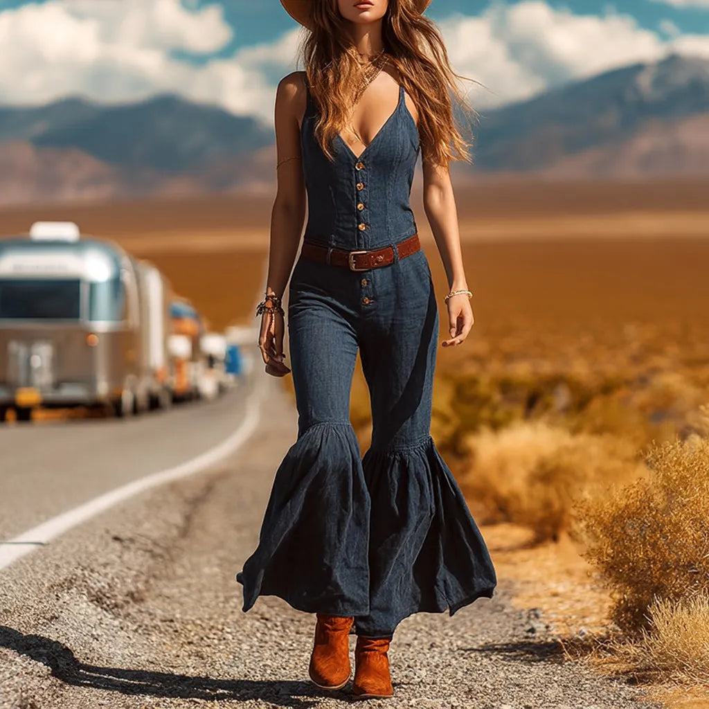 Women's Western Cowboy Style Outdoor Denim Jumpsuit With Flared Legs