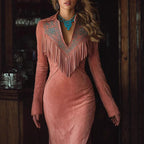 Suede Long Sleeve Fringe Dress With Embroidered V-Neck And Side Slit For Women