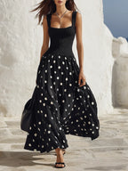 Coastal Chic Polka-Dot Sleeveless Knit And Chiffon Black Maxi Dress
