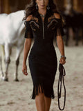 [Embroidery]Women'S Retro Embroidered Studded Western Bohemian Style Tassel Mini Dress