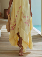 Resort Pale Lemon Floral Embroidered Linen Maxi Dress