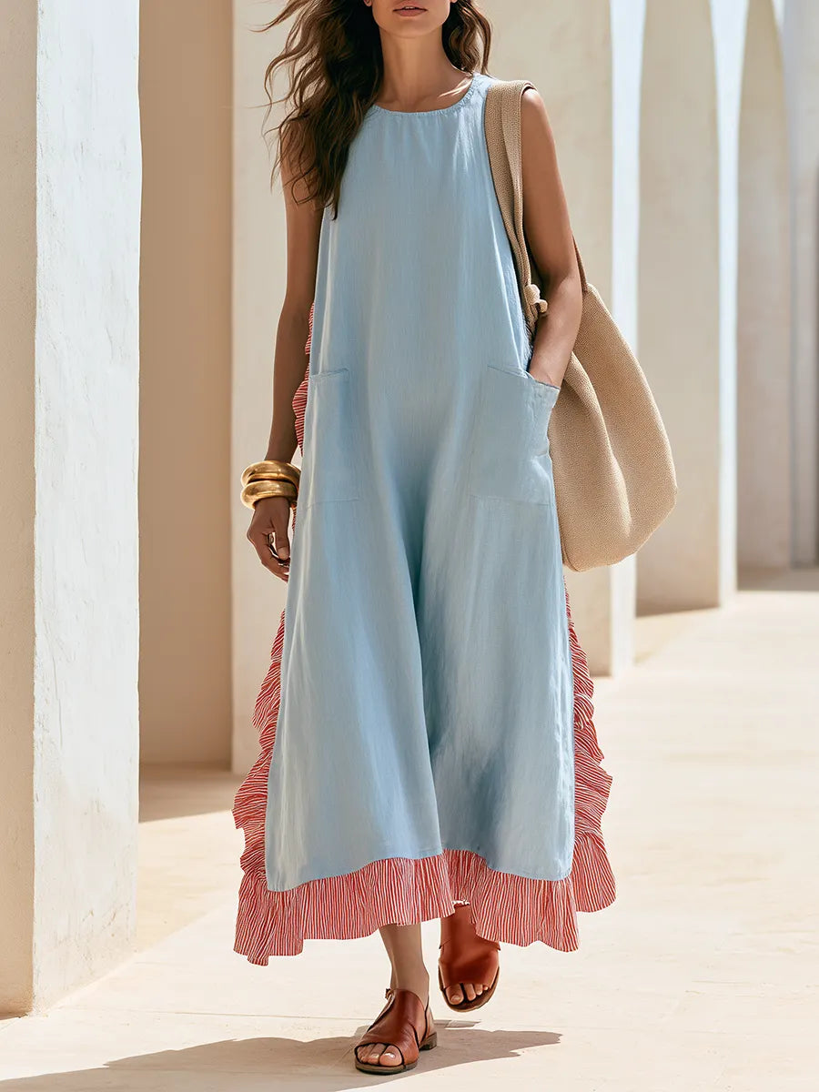 Vacation Red And White Stripes Ruffles Blue Sleeveless Tencel Maxi Dress