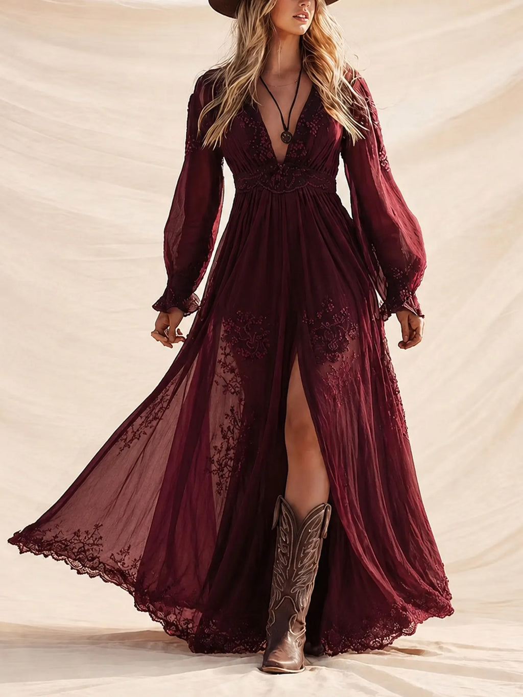 Ideal For Western Wedding Or Road Trip — Burgundy Embroidered Lace V-Neck Chiffon Boho Long Sleeve Maxi Dress