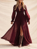 Ideal For Western Wedding Or Road Trip — Burgundy Embroidered Lace V-Neck Chiffon Boho Long Sleeve Maxi Dress
