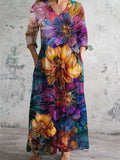 Women's V-Neck Floral Art Print Cotton And Linen Pocket Dress