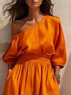 Elegant Vacation-style One-shoulder Cotton And Linen Maxi Dress