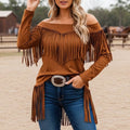 Women's Vintage Western Cowgirl Brown Tassel Suede Off-the-Shoulder Long-Sleeve T-Shirt
