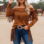 Women's Vintage Western Cowgirl Brown Tassel Suede Off-the-Shoulder Long-Sleeve T-Shirt