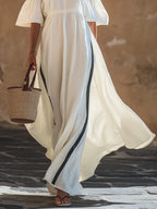 Tropical Beach White Off Shoulder Stripe Trim High Slit Maxi Dress