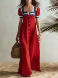 Vacation-style Short-sleeve Square-neck Button-front Maxi Dress