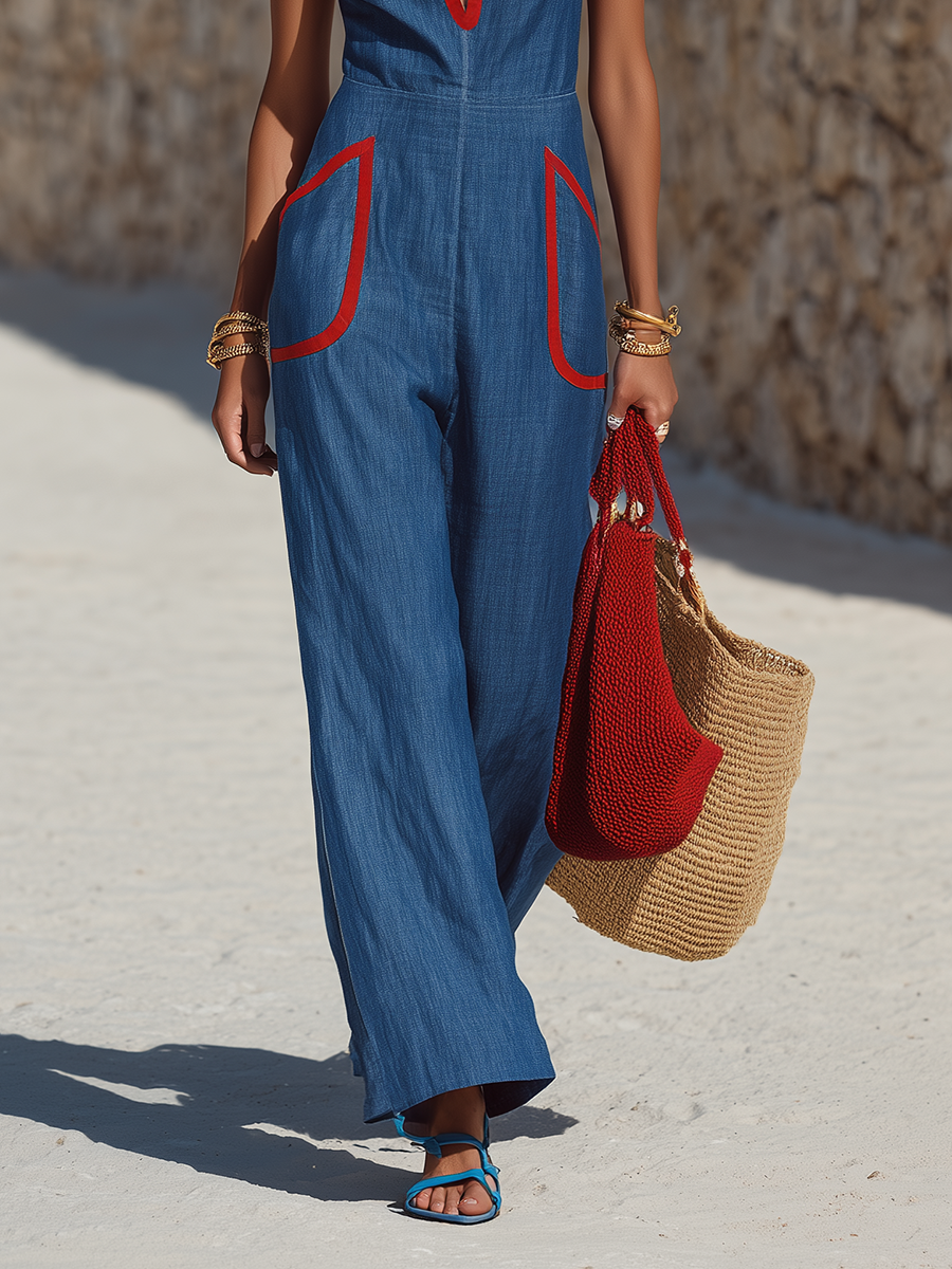 Chic Resort Red Trim Blue Cotton-linen Wide-leg Jumpsuit