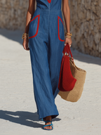 Chic Resort Red Trim Blue Cotton-linen Wide-leg Jumpsuit