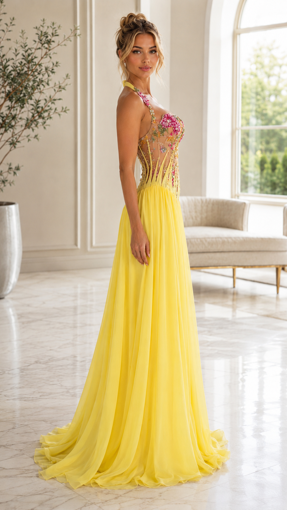 Floral Appliqué Halter Corset Evening Gown with Pleated Skirt