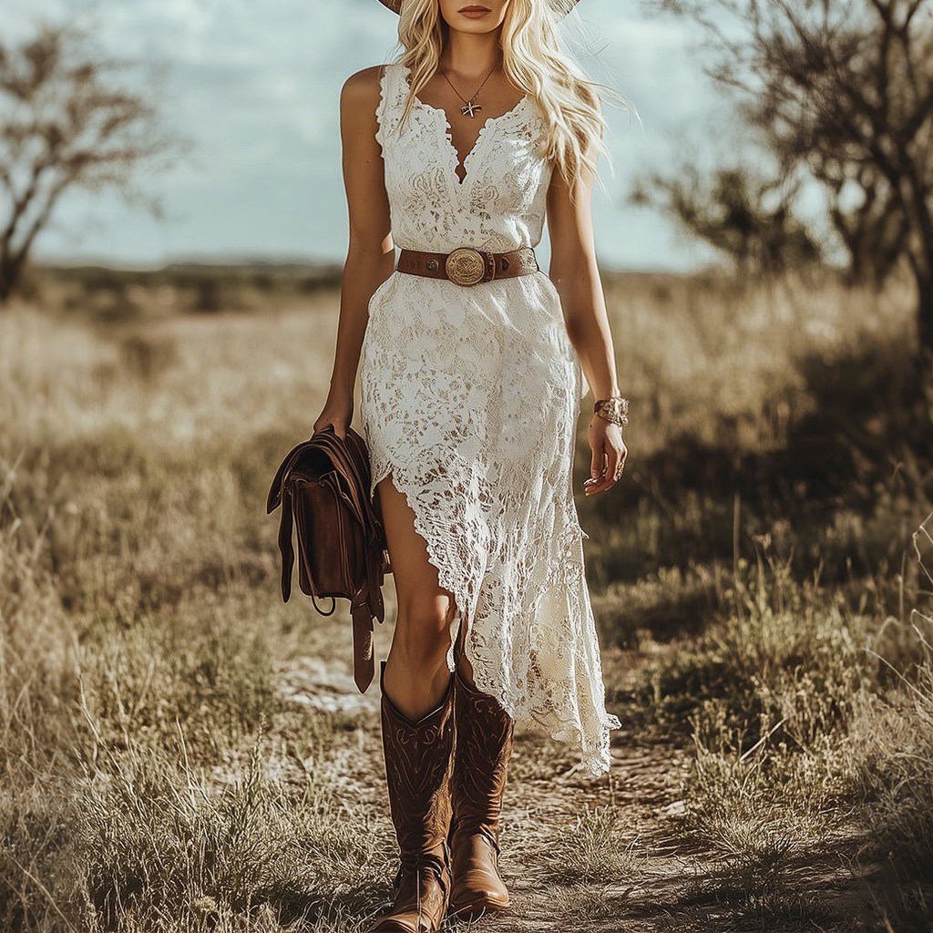 Women's Retro Bohemian White Country Lace Sleeveless Midi Dress